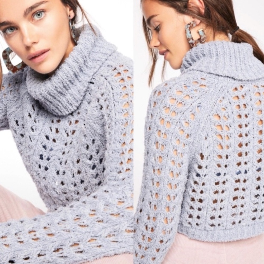 Free People SEASHELL POINTELLE TurtleNeck Cropped Sweater - L Large Pullover